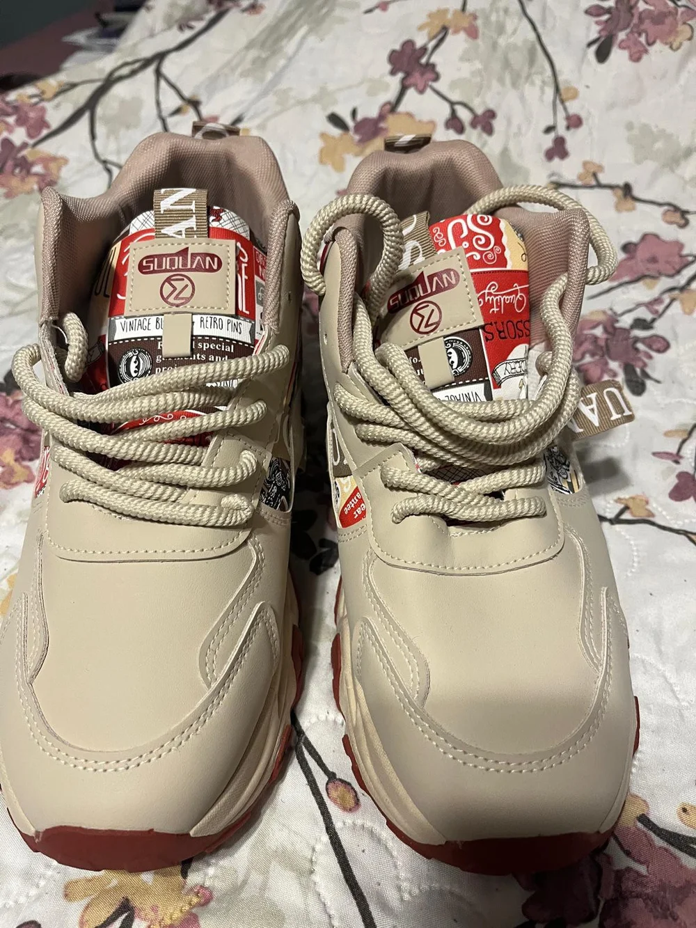 Casual Kids Beige Sneakers with Red Accents -